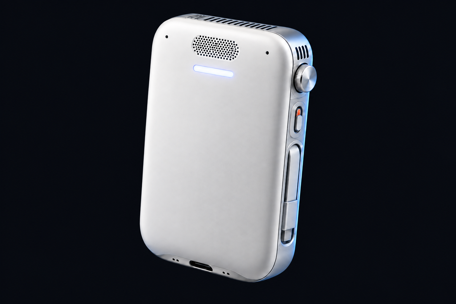Silver MOB pocket AI computer, industrial design concept
